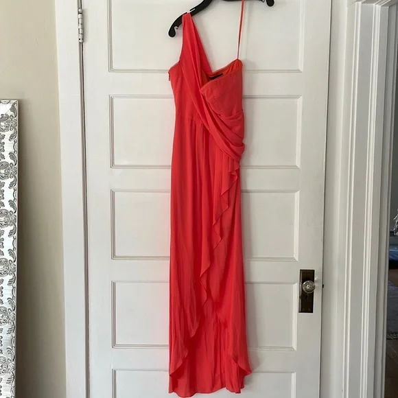 bcbg one shoulder coral dress BCBGMAXAZRIA coral chiffon slit one shoulder dress sz.10